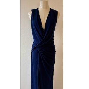 BCBGMAXAZRIA Navy Blue Draped Maxi Dress XS Sleeveless Ruched Evening
